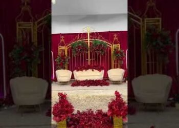 Elegant Red & Gold Wedding Stage with Rainbow Walkway ✨🌹