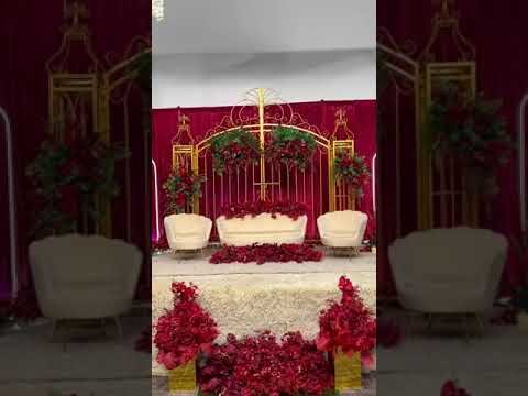 Elegant Red & Gold Wedding Stage with Rainbow Walkway ✨🌹