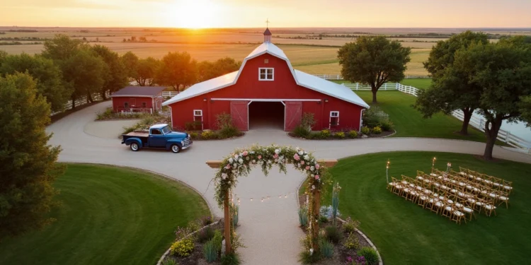 Sunset view of a rustic red barn wedding venue in Kansas with floral arch and outdoor seating on green lawn.