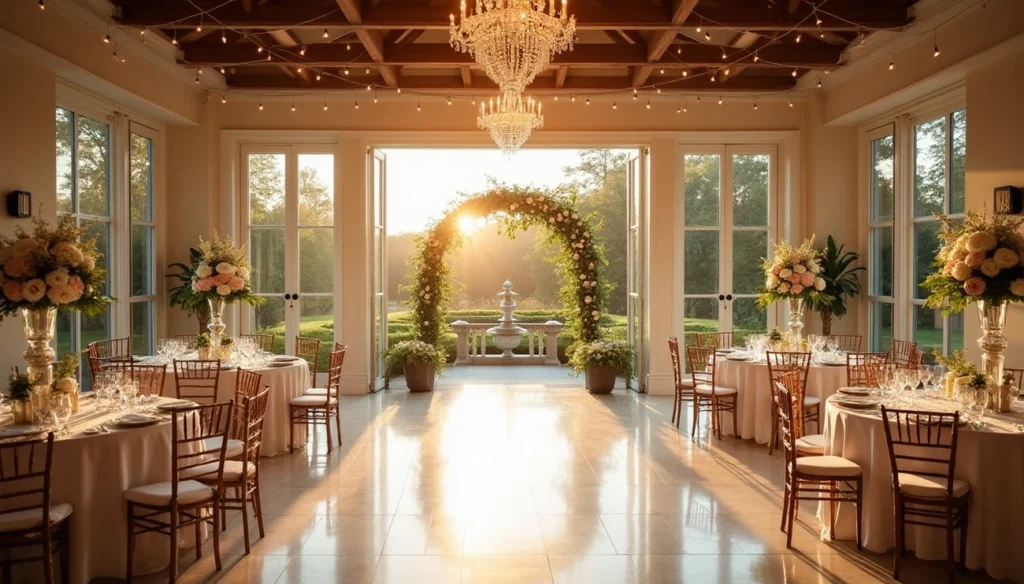 Elegant indoor wedding venue in Delaware with floral arch, chandeliers, and sunset view for a dream ceremony.