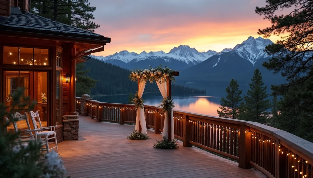 Rustic mountain wedding arch on a wooden deck overlooking a lake and snow-capped Colorado peaks at sunset.