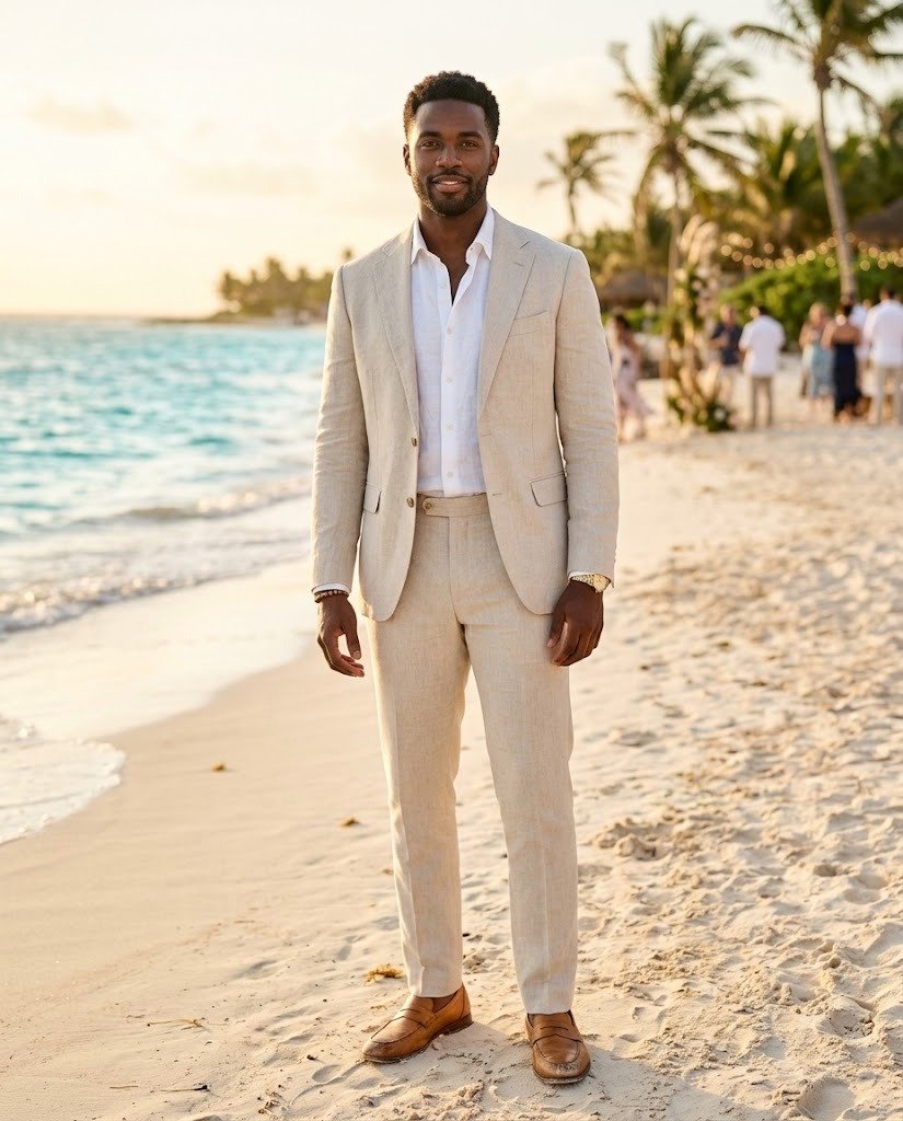 Man in a beige linen suit and open-collar white shirt on a beach, dressed for a beach formal wedding