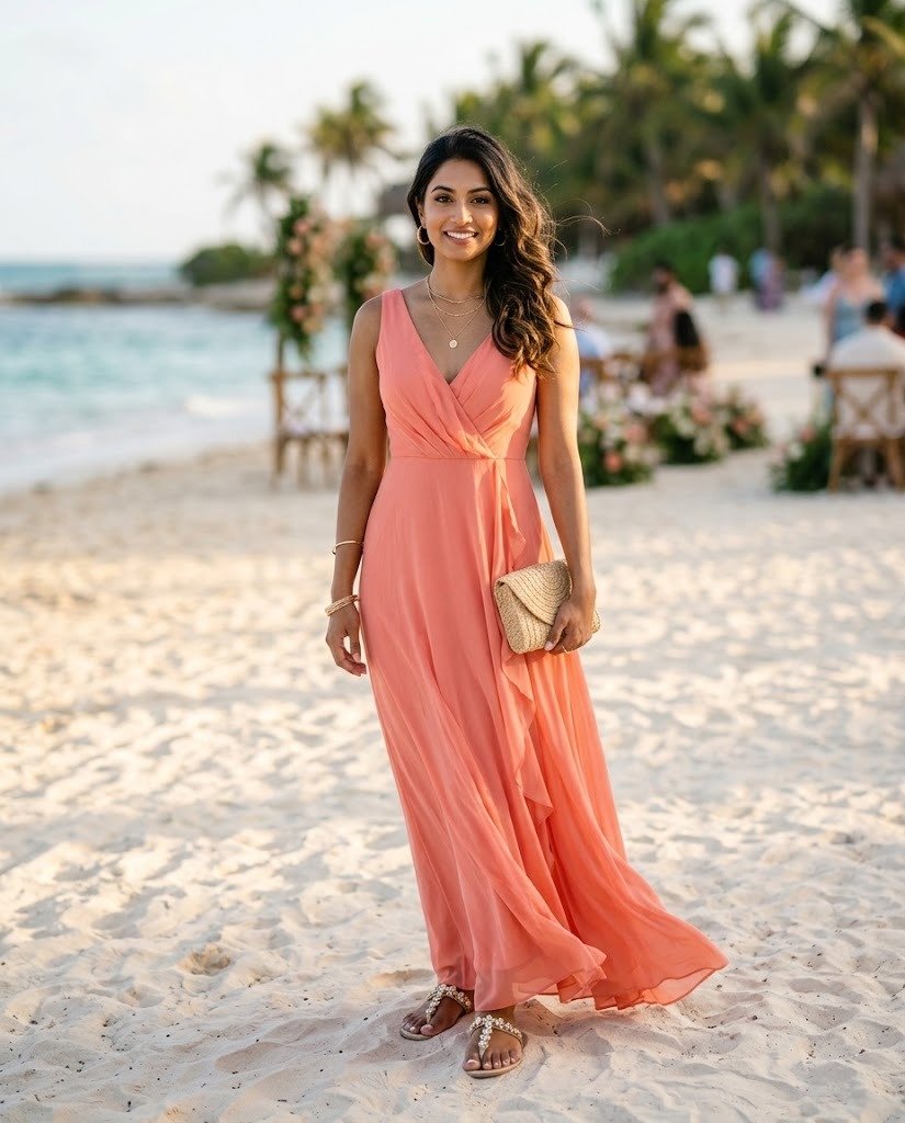 Woman in a flowing coral chiffon maxi dress and flat sandals on a beach, dressed for a beach formal wedding