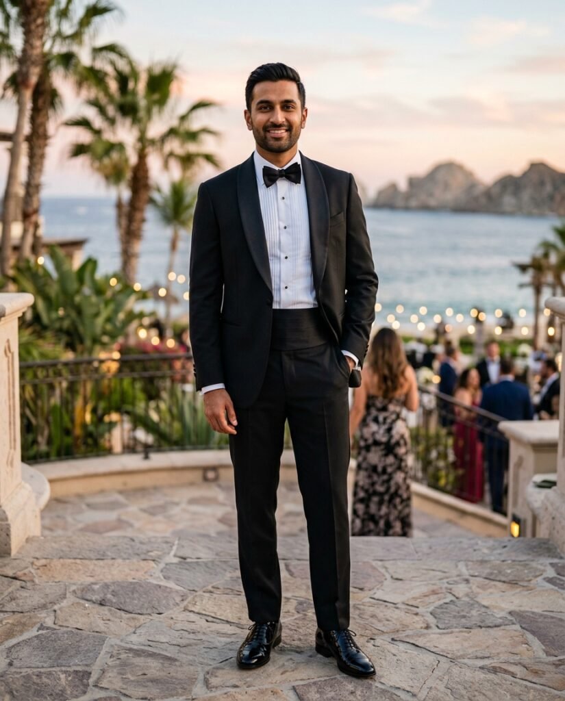 Man in a black shawl-lapel tuxedo and black bow tie, dressed for a black tie wedding at a resort