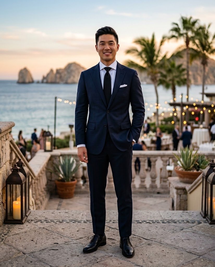 Man in a dark navy suit, white shirt and black tie, dressed for a black tie optional wedding