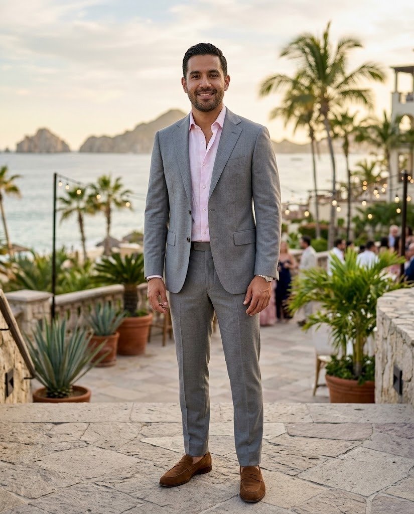 Man in a light gray suit and pale pink shirt without a tie, dressed for a semi-formal wedding