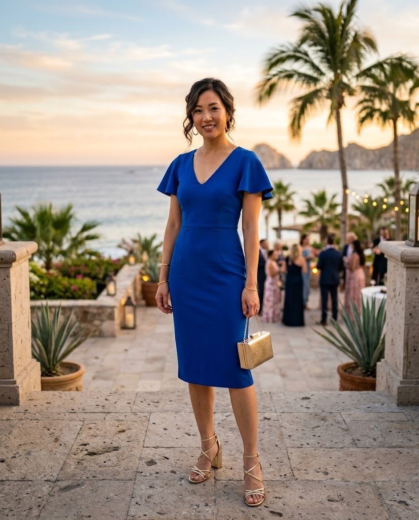 Woman in a knee-length cobalt blue cocktail dress, dressed for a cocktail wedding