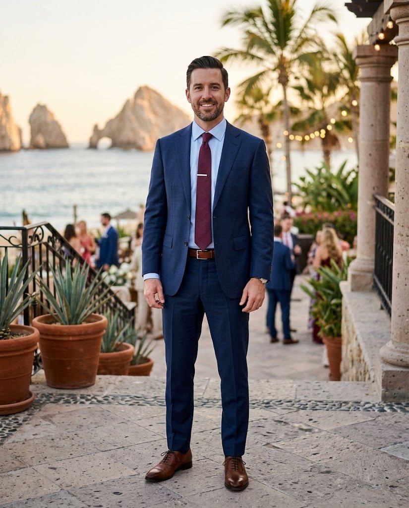 Man in a navy suit, light blue shirt and burgundy tie, dressed for a formal wedding