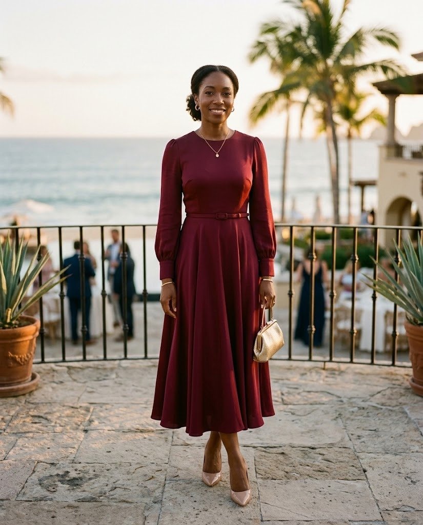 Woman in a burgundy silk crepe midi dress with long sleeves, dressed for a formal wedding