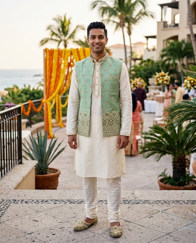 Man in an ivory kurta, mint green embroidered Nehru jacket and mojari shoes, dressed as a guest at an Indian wedding
