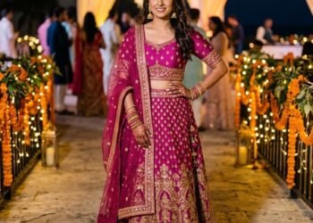 Woman in a magenta and gold lehenga with a sheer dupatta, dressed as a guest at an Indian wedding sangeet
