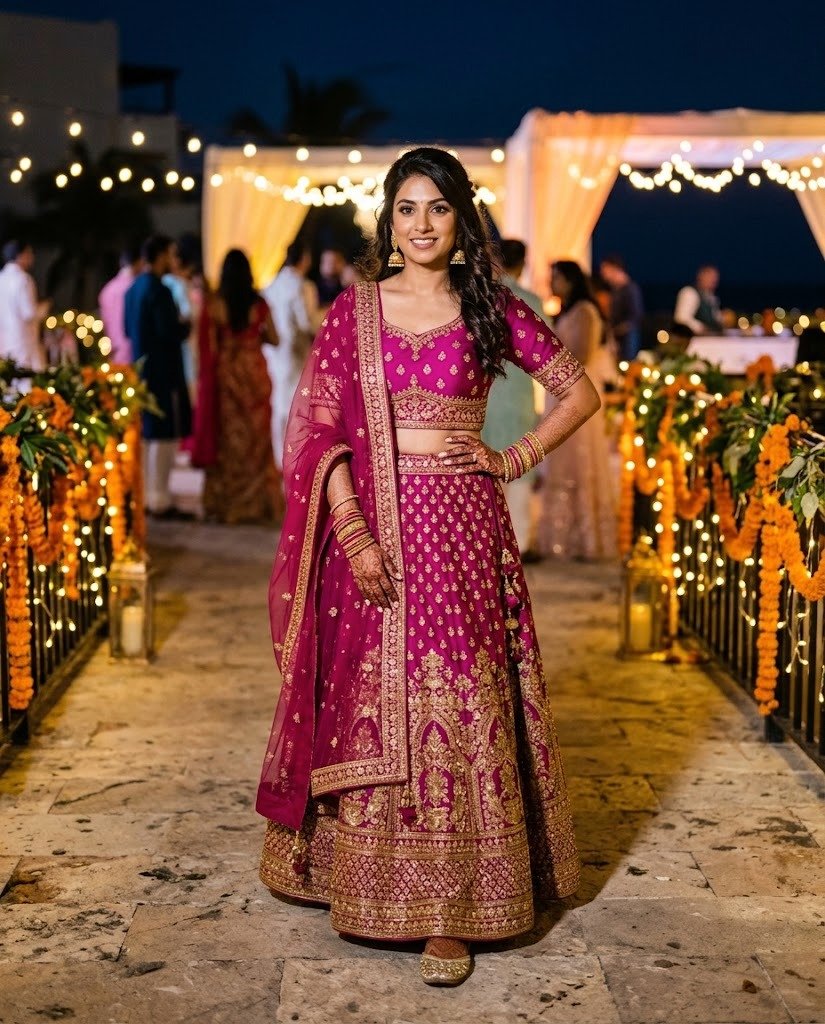 Woman in a magenta and gold lehenga with a sheer dupatta, dressed as a guest at an Indian wedding sangeet