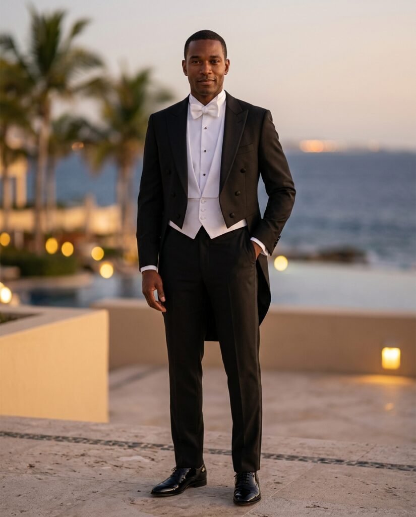 Man in a black tailcoat, white waistcoat and white bow tie, dressed for a white tie wedding at a resort