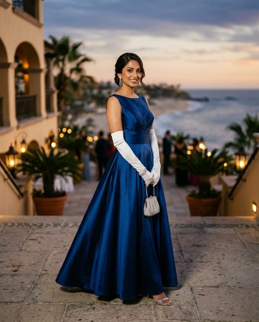 Woman in a floor-length sapphire silk ball gown and long white gloves, dressed for a white tie wedding on a resort terrace