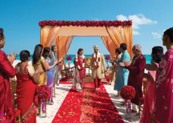 Guests seated for a beach wedding ceremony in Mexico