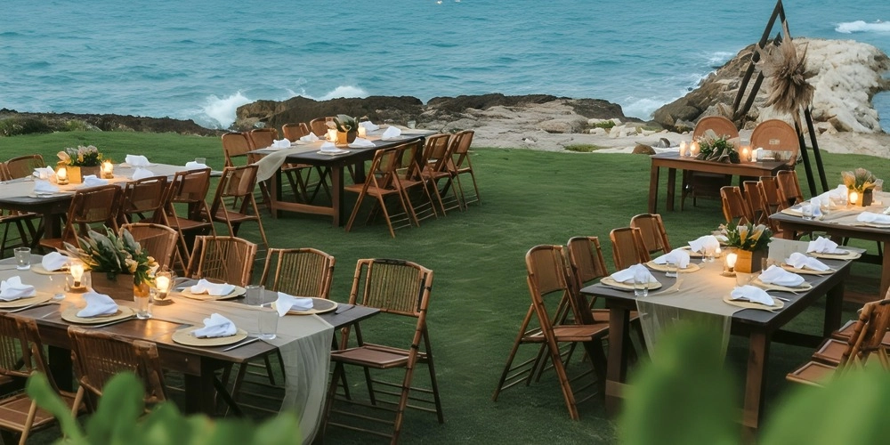 Oceanfront reception tables set with candles and greenery on the Bungalow Lawn at Grand Palladium Jamaica