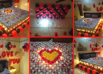 First Night Room Decoration with Flowers, Balloon and Candles | het decor