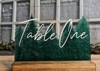 Painted Acrylic Table Number w/ Trees | Cricut Wedding DIY Sign