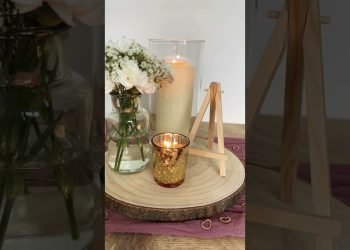 Wedding Table Centrepiece DIY – Wood Log slice, picket confetti, easel, gold tealight, vase
