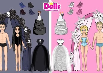 Black vs Pink wedding Paper dolls brides dress up & make up