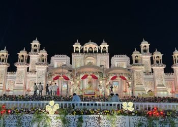 Fiber design stage decoration for grand  wedding and Flowers Decoration With royal entrance…..