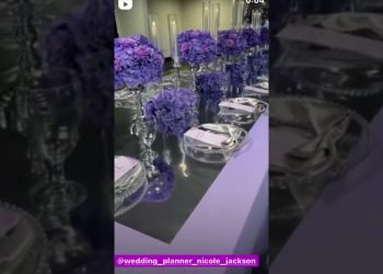 Beautiful wedding table settings purple￼