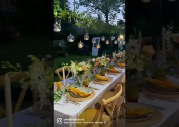 Banquet table setup. Tablescape within the backyard.