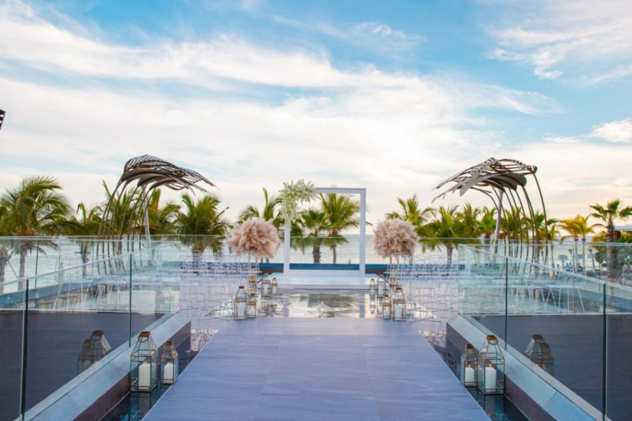 Outdoor terrace wedding venue set for a reception at a Los Cabos resort