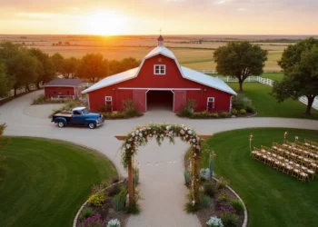 Sunset view of a rustic red barn wedding venue in Kansas with floral arch and outdoor seating on green lawn.