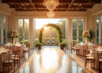 Elegant indoor wedding venue in Delaware with floral arch, chandeliers, and sunset view for a dream ceremony.