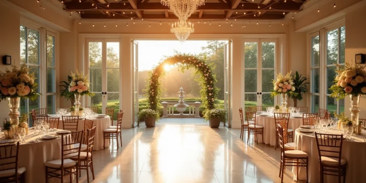 Elegant indoor wedding venue in Delaware with floral arch, chandeliers, and sunset view for a dream ceremony.