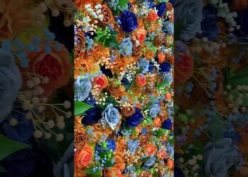 Orange Blue Rose Babysbreath Rolling Up 5D Cloth Curtain Flower Wall #diy #wedding #flower #table
